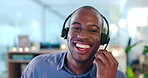 Call center, face and black man, happy agent or consultant for ecommerce, customer support or friendly help desk. Portrait of an information technology person consulting in professional online career