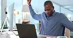 Laptop, yawning and stretching with a business black man at work in his office on a project deadline. Computer, tired and exhausted with a male employee typing an email while working at his desk