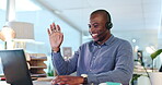 Video call, laptop and black man in virtual communication, callcenter or online meeting in business office. Happy person wave hello on computer for international support, talking and client advice