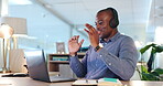 Computer, video call and black man in virtual communication, webinar or online meeting in business office. Happy person wave hello on laptop for international support, talking and client advice