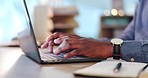 Typing, business and hands of black man on laptop for online project, internet research and website. Communication, productivity and male worker with computer for planning, writing email and strategy