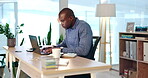 Time lapse of black man working in business, office and desk of productivity, deadlines or management at night. Fast forward of busy employee, worker or male staff planning tasks for speed in startup