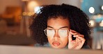 Reflection, black woman and employee with glasses, night and online reading in workplace, deadline or schedule. African American female entrepreneur, consultant or journalist with eyewear and reflect