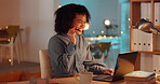 Call center, night and computer of woman, agent or consultant global discussion, tech support or online service. Friendly biracial person or business telecom worker in virtual conversation on laptop