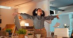 Happy woman, headphones and dancing in office, throw paper and celebration business or project success. Energy, dance and biracial person listening to music and documents in air to celebrate startup