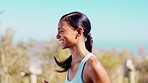 Happy, training and woman running and laughing outdoors for morning cardio, workout and exercise on nature background. Fitness, runner and girl smile during run, sports and marathon practice routine