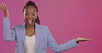 Wow, marketing and promotion with a business black woman in studio on a pink background holding a product. Portrait, surprise or advertising with an attractive young female showing blank mockup space