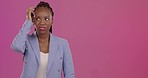 Confused, puzzled and face of black woman in studio thinking, pensive and clueless against pink background. Portrait, doubt and unsure girl with decision, choice or contemplate, wonder and isolated