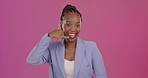 Face, hand and black woman with phone sign, success and communication against a purple studio background. Portrait, African American female and happy lady with call me symbol, talking and speaking