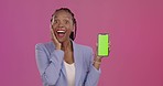 Face, excited and black woman with smartphone, green screen and success against purple studio background. Portrait, African American female and lady with cellphone, space and mockup with achievement