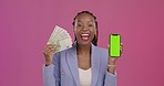 Black woman, studio and cash with phone green screen for gambling, online casino and winning by background. Winner, money fan and smartphone mockup for happy celebration, smile or portrait with prize