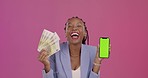Black woman, money and phone with green screen on mockup for winning, lottery or cash against studio background. Happy African female in celebration for bonus win on smartphone with chromakey display