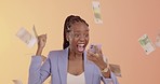 Black woman, phone and dancing in celebration for money, lottery or winning cash prize against a studio background. Happy African American female excited dance for win, discount or sale on smartphone