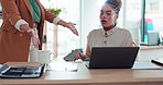 Discipline, scolding and angry manager with black woman at desk for fight, conflict and shout warning at worker. Corporate office, business and female at desk with boss for mistake, annoyed and blame