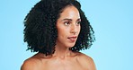 Confident, skincare and face of black woman for beauty, wellness and facial treatment on blue background. Dermatology, spa aesthetic and portrait of girl in studio for cosmetics, makeup and hair care