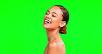 Beauty, face and laughing woman portrait on green screen background for makeup, cosmetic and skin glow. Aesthetic female happy for self care, skincare and facial product for funny spa mockup studio