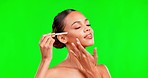 Beauty, skincare and woman with serum in pipette, green screen or dermatology with grooming. Female, cosmetics or lady with oil, collagen or wellness with organic facial, natural on studio background