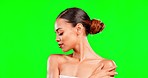 Green screen, woman and beauty studio with makeup, body care and self love, calm and content. Skincare, glowing and girl model relax with pamper, cosmetics and skin routine while posing isolated