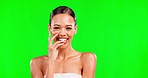 Woman laughing on green screen, face and beauty with cosmetic care and skin glow on studio background. Facial, dermatology and natural cosmetics in portrait, happy and carefree female with mockup
