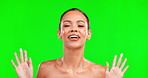Face, lotion and playful with a woman on green screen, winking or kissing during beauty and skincare. Portrait, skin and comic with an attractive young female on mockup to apply moisturizer
