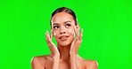 Woman, hands and skincare cream by green screen for natural cosmetic glow, smile or mockup in studio. Young model, girl and soft touch with chromakey, health and makeup for healthy facial aesthetic