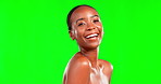 Black woman, smile and beauty portrait on a green screen for skincare, cosmetics and dermatology. Happy face of aesthetic female model in studio for spa facial, self care and skin glow with mockup