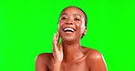Black woman, beauty and face with laugh and cosmetic care, happiness in portrait with green screen. Skincare, skin glow and dermatology, female and natural cosmetics on studio background with mockup