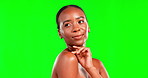 Black woman, beauty and skin care on a green screen for cosmetics, makeup and dermatology. Aesthetic female model with hand on face in studio for facial, self love and smooth glow with mockup space
