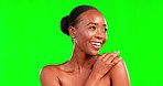 Black woman, beauty and thinking on a green screen for skincare, cosmetics and dermatology. Aesthetic female model with hand on face and smooth skin in studio for self care and glow with a smile