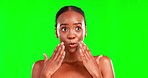 Face, skincare and black woman with beauty, surprise and happiness on a studio background. Portrait, African American female and lady with cosmetics, green screen and makeup with confidence and shock