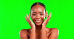 Beauty, hands on face and black woman in studio for skincare, cosmetics and dermatology. Portrait of aesthetic female model green screen for smooth facial, self care mockup and skin glow with smile