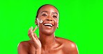 Black woman, beauty and face with cream and cosmetic care, happiness in portrait with green screen. Skincare, skin glow and dermatology, female and moisturizer on studio background with mockup