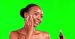 Skincare, face and black woman with oil, serum or liquid product in studio against green screen background. Beauty, serum and girl skin model relax with pamper, hyaluronic acid or retinol routine