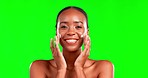 Black woman laughing, beauty and face with cream and skincare, happiness in portrait on green screen. Cosmetics, skin glow and dermatology, female and moisturizer on studio background with mockup