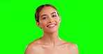 Face, beauty and woman with skincare, cosmetics and dermatology against studio background. Portrait, female and lady with aesthetic, green screen and morning routine for grooming, smooth or soft skin