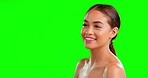 Green screen, body care and woman in studio for beauty, cosmetics and satisfaction on mockup background. Skincare, happy and asian girl model relax after luxury, pamper and skin treatment routine