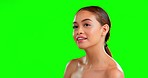 Thinking, beauty and woman with makeup, dermatology and skincare against studio background. Portrait, female or lady with makeup, green screen or cosmetics for confidence, grooming or salon treatment