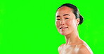 Face, beauty skincare and Asian woman on green screen in studio isolated on a background mockup. Makeup, natural cosmetics and happy female model with healthy or flawless skin after facial treatment.