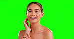Girl, beauty and skincare by studio green screen with face, natural cosmetic glow or smile for wellness. Gen z model, woman and chromakey in portrait for skin health, makeup and facial aesthetic