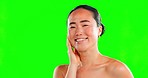 Face, beauty skincare and Asian woman on green screen in studio isolated on a background mockup. Makeup, natural cosmetics and happy female model with healthy or flawless skin after facial treatment.