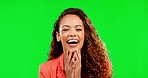 Face, humor and woman with smile, funny and green screen with laughter, cheerful and joy. Portrait, female and lady with happiness, comic and joke with memory and surprise against a studio background