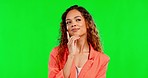 Thinking, idea and woman in studio pensive, unsure and ponder against a green screen background. Contemplating, decision and girl wondering, consider and option while posing on isolated mockup space
