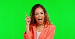 Thinking, wow and snap with a black woman on green screen background in studio feeling excited or optimistic. Portrait, idea and click with a surprised or attractive young female on chromakey mockup