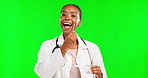 Doctor, black woman and green screen for mouth swap or medical test demonstration with a smile. African healthy worker on a studio background to show dna sample or advertising for health and wellness