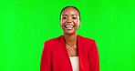 Happy, green screen and face of a black woman with a wink isolated on a studio background. Smile, laughing and portrait of an African girl winking, smiling and being cheerful with mockup space