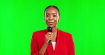 Black woman, news or tv reporter on green screen talking, speaking or reporting on talk show in media press. Portrait, journalist or African presenter presenting global political events in studio 