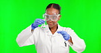 Science, chemistry and black woman with beaker isolated on studio background or green screen in medical research. Happy scientist student with laboratory mockup with safety gear, glass test or liquid