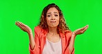 Doubt, green screen and face of a woman a thumbs up or down isolated on a studio background. Choice, indecisive and a girl with a hand gesture, confused about feedback and decision on a backdrop