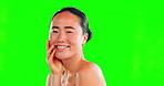 Beauty, face and portrait of asian woman on green screen background for skincare, dermatology and cosmetics. Aesthetic female model with spa facial self care glow on skin and laugh for mockup space
