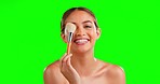 Beauty, makeup and face of woman in studio for eyeshadow, beauty and cosmetic on green screen background. Portrait, tool and girl happy, smile and relax with luxury makeover, treatment and foundation
